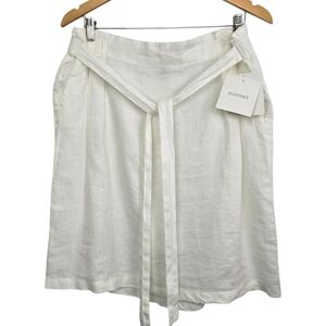 Ellen Tracy White 100% Linen Tie Front Midi Skirt XL Pockets Summer Coastal
